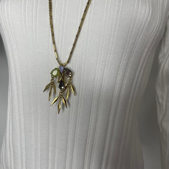 J. Crew JCREW long burnished gold tone pendant necklace signed jewelry boho - Picture 2 of 14